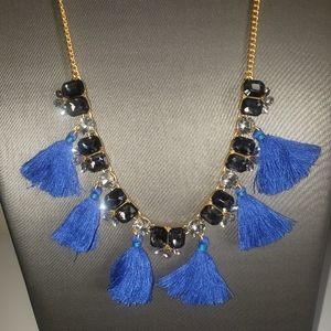 J. Crew Blue Goldtone Rhinestone Tassel Statement Necklace